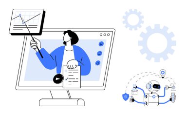 Bilgisayar ekranında video elemanları, grafik, robot işleme görevleri ve vitesli verileri sunan kişi. E-öğrenme, webinarlar, otomasyon, veri yönetimi, yapay zeka teknolojisi takım çalışması için ideal