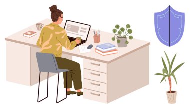 Kitaplar, bitkiler ve kahve fincanlarıyla dolu bir masada dizüstü bilgisayara odaklanmış bir kadın. Kalkan siber güvenlik olduğunu gösteriyor. Uzaktan çalışma, verimlilik, odaklanma, siber güvenlik, ofis dekorasyonu için ideal