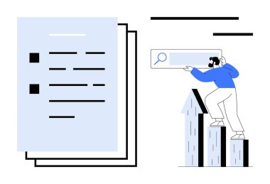 Üst üste dizilmiş belgelerin yanında arama çubuğu tutan sütun şeklinde oklar tutan kişi. Ticari büyüme, araştırma, ilerleme izleme, üretkenlik, hedef belirleme, strateji, basit düz metafor