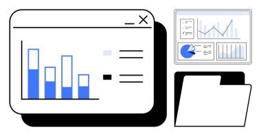 Karşılaştırmalı verili bar tablosu, grafikler ve pasta grafiği içeren analitik paneli, açık klasör. İş analizi, proje yönetimi, veri bilimi, finans, araştırma, eğitim için ideal