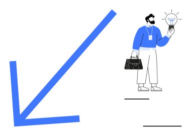 Bir iş adamı elinde parlak bir ampul, elinde evrak çantası, aşağı doğru uzanan bir okun yanında duruyordu. Yenilik, liderlik, zorluklar, çözümler, büyüme stratejisi minimalizmi için idealdir. Basit.