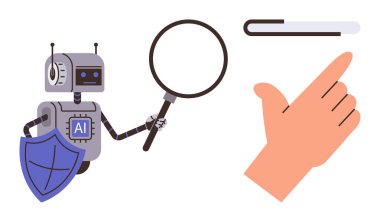 Yapay zeka robotu kalkan büyüteçle insan elinin yakınındaki belgeleri inceliyor, teknolojiyi, veri analizini, siber güvenliği, işbirliği, yenilik ve araştırmayı sembolize ediyor. Eğitim ve makine için ideal