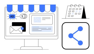 Pazarlama paneli, e-posta bildirimi, reklam ve finansal ayrıntıları olan masaüstü, planlama için takvim, paylaşım simgesi. Pazarlama, sosyal medya ve iletişim reklamları için ideal