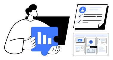 Haritalı yapboz tutan kişi, belge kontrol listesi, dijital torpido gözü. Analiz, takım çalışması, planlama, hedef belirleme, strateji organizasyonu araştırmaları için ideal. Minimalist düz tasarım metaforu