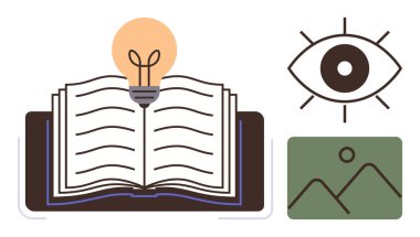 Parlayan ampullü açık bir kitap fikirleri ve öğrenmeyi simgeler. Göz ve dağ şekli gözlem, berraklık ve ilhamı akla getiriyor. Eğitim, araştırma, yenilik ve yaratıcılık için ideal