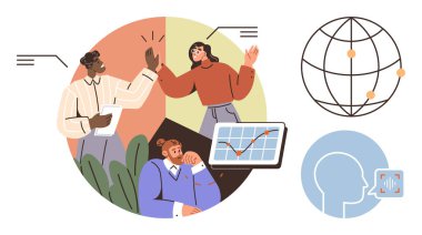 İş adamları büyüme stratejisini grafikler ve analizler, birbirine bağlı dünya ve iletişim yapay zekası ile tartışıyor. Takım çalışması, iş stratejisi, AI, ağ oluşturma, liderlik, analitik küresel