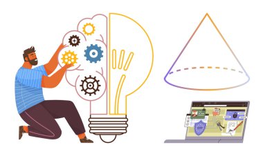 Bir ampulün içinde çarkları birleştiren kişi, dijital çalışma alanını gösteren dizüstü bilgisayar ve yenilik hunisi. Yaratıcılık, problem çözme, beyin fırtınası, yenilik, teknoloji, üretkenlik için ideal