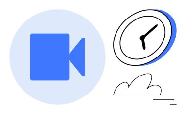 Mavi video kayıt ikonu, saati vurgulayan saat, yenilikçi temalar için bulut. Üretim için ideal, uzaktan çalışma, verimlilik, planlama, yaratıcı iş, basit iniş sayfaları