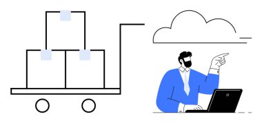 Dizüstü bilgisayarlı bir adam bulut altında kargo lojistiği yönetiyor. Lojistik, dijital araçlar, bulut hesaplama, envanter kontrolü, uzaktan çalışma, iş stratejisi, basit düz metafor