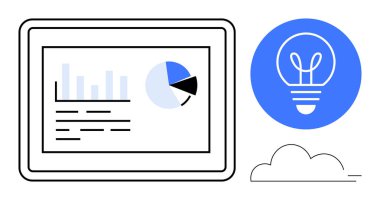 Tablet ekranda ampulün yanında analitik çubuk grafik ve pasta grafiği ile fikirleri sembolize eder ve bulut yaratıcılığı, sezgileri simgeler. Teknoloji, iş stratejisi, girişimler ve yenilik için ideal