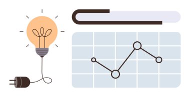 Kabloyla bağlı ampul, bir çizgi grafiği ve kitap omurgası yenilik, eğitim, gelişme, veri analizi, büyüme stratejisi öğrenme ve yaratıcılığı ortaya koymaktadır. İlerleme temaları için ideal. Basit düz