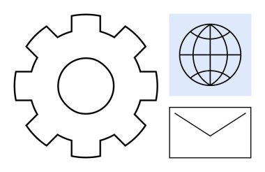 İleti ayarları, bağlantıyı simgeleyen küre ve mesajlaşma için zarf. Yenilik, iletişim, işbirliği, internet, küreselleşme ağı iş akışı için idealdir. Basit düz