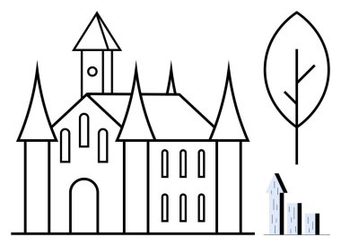 Yüksek kuleleri ve birden fazla penceresi olan bir kale, doğrusal dizaynlı minimalist ağaç, yakınındaki küçük modern binalar. Mimarlık, miras, zarafet, tarih, minimalizm için idealdir.