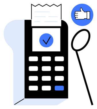 Ödeme terminali bir makbuz ve mavi işaret gösteriyor. Arka planda el simgesi onayı. Ödeme, onay, işlem, e-ticaret, fatura, perakende, basit iniş sayfası için ideal