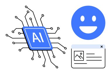 Devreli yapay zeka çipi, kullanıcı bağlantısını sembolize eden mutlu yüz ve yenilik için web sayfası arayüzü, makine öğrenimi, veri görselleştirme, otomasyon, UX kavramları, robotik, basit iniş sayfası