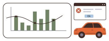 Torpido gözünde çizgi grafiği, tamam düğmeli hata alarmı, turuncu araba simgesi. Analiz için ideal, hata raporlama, ulaşım verileri, otomasyon, hareketlilik, uyum basit düz