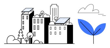 Ağaçlar ve bulutlarla çevrili güneş paneli binaların bulunduğu kentsel ufuk çizgisi, çevreci dostluğu sembolize eden mavi bir yaprak. Enerji, sürdürülebilirlik, çevre, yenilenme ve ilerleme için ideal