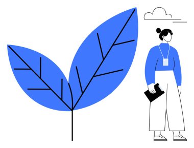 Büyük mavi yapraklar, elinde tablet tutan profesyonel bir bireyin yanında vurgulandı. Sürdürülebilirlik, çevre, büyüme, iş, ilerleme, yaratıcılık ve eğitim için idealdir. Basit düz metafor