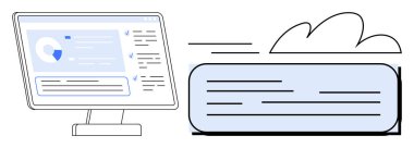 Masaüstü monitörü veri görselleştirmesini ve metin arayüzünü gösteriyor, bulut şekilli bir grafik eşliğinde. Bulut hesaplama, dijital depolama, takım çalışması, teknoloji, yenilik, verimlilik için ideal