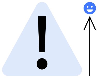 Koyu ünlem işaretli mavi üçgen uyarı işareti, yukarı doğru gülen yüzü gösteren ok. Geliştirme, başarı, uyarı, büyüme, motivasyon, pozitiflik için ideal, basit iniş sayfası