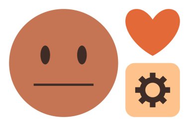 Tarafsız yüz, kalp ve dişli simgeleri ifade, duygu, şefkat, üretkenlik ve stratejiyi sembolize eder. İletişim için ideal, kendini ifade etmek için duygu takım çalışması verimliliği ve psikoloji