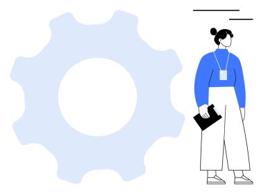 Büyük açık mavi bir dişlinin yanında elinde bir pano tutan kadın figürü. Konseptler için ideal. Takım çalışması, liderlik, yenilik, stratejiler, organizasyon, problem çözme, kariyer. Basit bir daire.