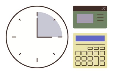 Çeyrek segmenti vurgulayan saat, yeşil pencere arayüzü ve hesap makinesi. Üretkenlik, zaman izleme, proje planlaması, eğitim, organizasyon ve basit düz metafor için ideal