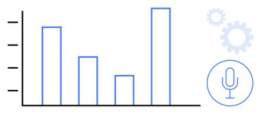 Artan değerlere sahip mavi çizelge, dişli elementler süreci sembolize ediyor, ses analizi için mikrofon simgesi. Veri analizi, teknoloji, yenilik, araştırma, iletişim, süreç akışı için ideal