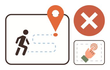 Yasak eylem işareti ve etkileşimli düğmeye tıklayarak yer imlemesine giden yolu takip eden kişi. Navigasyon, sapma, kısıtlamalar, karar verme, kullanıcı arayüzü için ideal