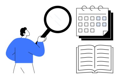 Büyüteçle takvimi ve açık kitabı inceleyen kişi. Temalar için idealler araştırma, programlama, planlama, zaman yönetimi, odaklanma, eğitim ve bilgi içindir. Basit düz metafor