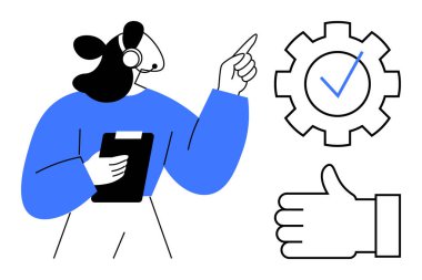 Kulaklık ve pano takan destek ajanı kontrol işaretli vitese doğru hareket ediyor, baş parmağıyla birlikte. Müşteri hizmetleri, kalite kontrol, takım çalışması, rehberlik, iyileştirme, güvence, basit