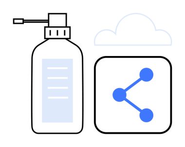 Pompalı dezenfektan şişesi simge ve minimalist bulut anahatlarının yanında. Hijyen, koruma, paylaşım, teknoloji, iletişim, bağlantı ve basit iniş sayfası için ideal