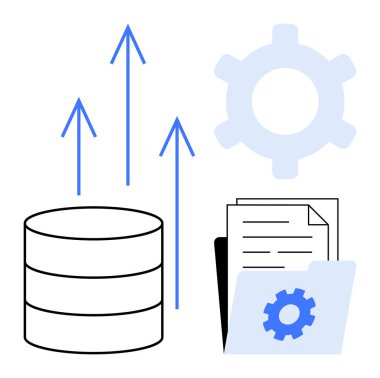 Yukarı doğru oklu veritabanı, klasördeki belgeler, veri büyümesini sembolize eden ekipman, otomasyon, depolama çözümleri. Teknoloji, yenilik, organizasyon, ilerleme verimliliği için ideal bilişim yönetimi