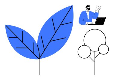 Geniş mavi yaprak, soyut ağaç ve bir dizüstü bilgisayar üzerinde çalışan profesyoneller doğayı, yeniliği ve çevresel sorumluluğu ön plana çıkarıyor. Eko-farkındalık, iş, teknoloji, büyüme eğitimi için ideal