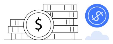 Mavi dolar çemberi ve bulutun yanında dolar sembolü olan paralar, finansal büyümeyi, çevrimiçi ödemeleri, tasarrufu, yatırımı, nakit akışını, e-ticareti ve dijital ekonomiyi sembolize ediyor. Basit.