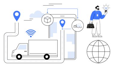 GPS takibi, akıllı telefon uygulaması, kablosuz sinyaller ve iş figürlü bir teslimat kamyonu yolda. Lojistik, tedarik zinciri, teknoloji, küresel ticaret, yenilik iş stratejisi için ideal