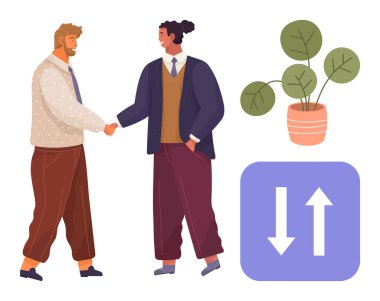 İş kıyafetleri giymiş iki adam, anlaşma ya da işbirliğini sembolize eden el sıkışırken, bir saksı bitkisi ve çift yönlü ok simgesinin yanı sıra. Ortaklık, takım çalışması, müzakere ve karar verme için ideal