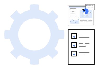 Analitik gösterge paneli ve kontrol listesi ile donanım sembolü süreç optimizasyonu, görev takibi, veri analizi, verimlilik, proje planlaması, takım yönetimi, basit iniş sayfası