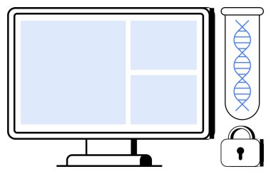 Bilgisayar ekranında, güvenlik önemini vurgulayan asma kilit içeren test tüpü ve DNA ipliği ile birlikte veri gösterilir. Teknoloji, biyoteknoloji, veri bilimi, siber güvenlik, genetik araştırma, tıbbi yenilik için ideal