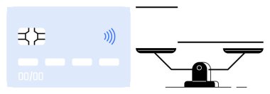 Mali denge, bütçe ve parasal eşitliği temsil eden denge ölçeğinin yanında temassız ödeme ikonu olan kredi kartı. Bankacılık, ödeme, bütçe, eşitlik ve ekonomi için ideal