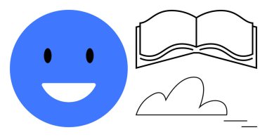 Mavi gülen yüz, açık kitabın siyah çizgisi, minimum bulut. Eğitim, yaratıcılık, pozitiflik, öğrenme, basitlik bilgi paylaşımı ve ilham temaları için idealdir. Temiz düz metafor