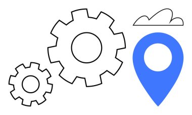 Bir bulutun altında iki vites ve mavi iğne ikonu iş akışı optimizasyonunu ya da konum temelli işbirliğini temsil ediyor. Takım çalışması, lojistik, süreçler, yönetim, navigasyon, yenilik, strateji için ideal