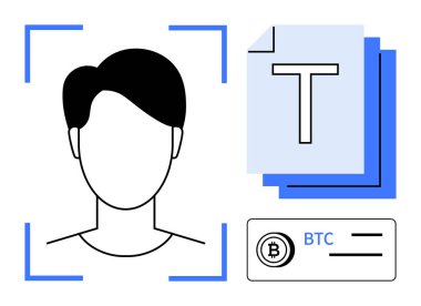 Yüz tanıma, belge dosyaları ve kripto para kartını birleştiren minimalist tasarım. Biyometrik, kimlik doğrulama, fintech, engelleme zinciri, dijital mahremiyet, siber güvenlik basit iniş sayfası için ideal