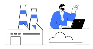 Uzun bacaları olan bir fabrika ve dizüstü bilgisayarı üzerinde çalışan bir iş adamı. Endüstri, otomasyon, strateji, teknoloji, yenilik, yönetim büyüme metaforu için idealdir. En düşük düz