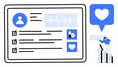 Profil, kontrol listesi, kalp atışı grafiği, kalp ikonu ve kullanıcı arama özelliğiyle etkileşim halinde olan tıbbi veri paneli. Sağlık, teknoloji, sağlık, analitik sağlık izleme için ideal