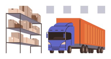 Depo rafları kutularla dolu ve bir teslimat kamyonu envanter, ulaşım ve lojistiği temsil ediyor. Lojistik, tedarik zinciri, nakliye, ticaret, depolama işi için ideal. Basit.