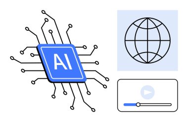 Birbirine bağlı devreleri olan yapay zeka işlemcisi, küresel ağı temsil eden bir küre ve bir video oynatıcı arayüzü. Teknoloji, yapay zeka, makine öğrenimi, yenilik, bağlantı ve multimedya için ideal
