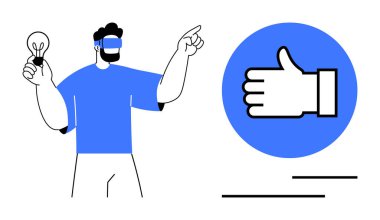 Ampulü tutan ve başparmak kaldırma simgesinin yanında VR kulaklık takan bir adam. Teknoloji, yaratıcılık, sanal gerçeklik, beyin fırtınası, yenilik, tasarım düşünme, basit iniş sayfası için ideal