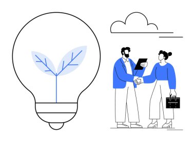 İş adamları el sıkışıyor, yaprak filizli ampul ekolojik yeniliği, işbirliği ve sürdürülebilirliği sembolize ediyor. İş büyümesi, takım çalışması, ekoloji, ortaklık ve yenilenebilir enerji için ideal