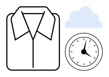 Gömlek taslağı, analog saat ve bulut simgesi etkili çamaşır hizmetleri, zaman tasarrufu ve temizliği vurguluyor. Temizlik, programlama, verimlilik, organizasyon çevre dostu uygulamalar için ideal